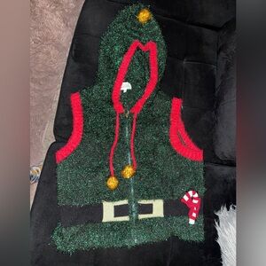 Festive Green Hooded Sweater Vest with Red Trim